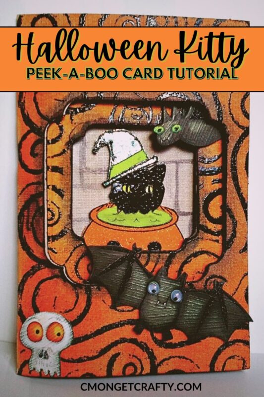 Halloween Kitty Card PIN - C'mon Get Crafty Spooky cute handmade Halloween card featuring a black cat wearing a witch hat in a peek-a-boo design. This fun DIY card tutorial on cmongetcrafty.com is perfect for kids and adults to create unique, festive greetings. Check out our peek-a-boo card tutorial for a cute Halloween project!