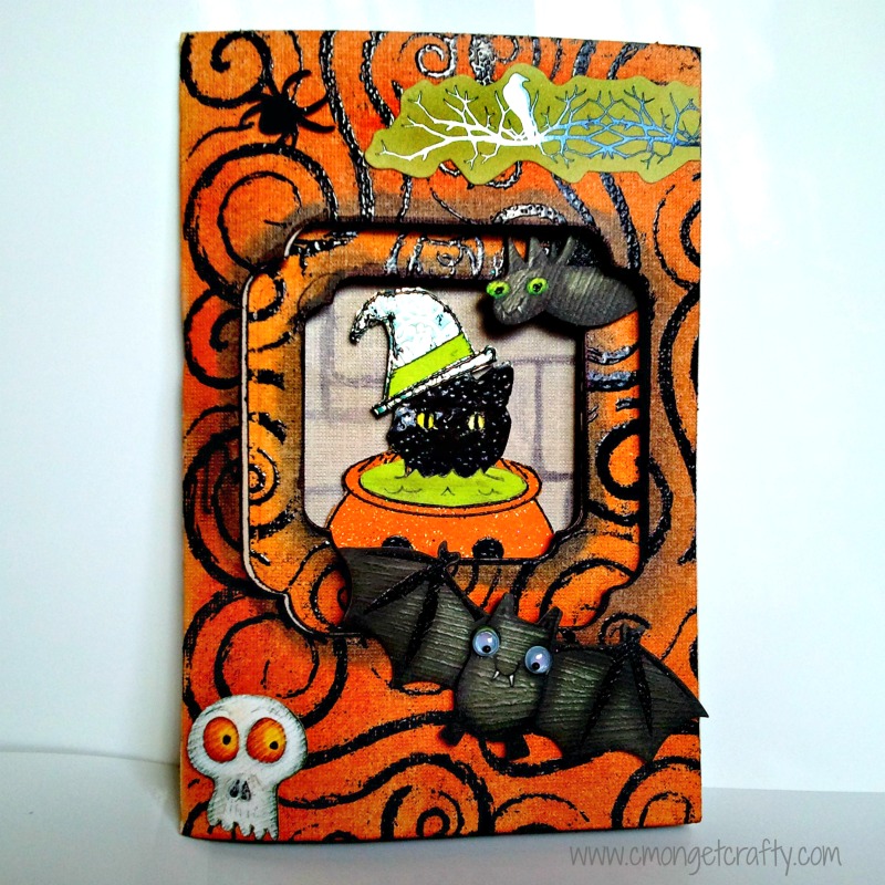 cmongetcrafty-halloweencard-front - C'mon Get Crafty  Halloween kitty card craft tutorial using embossing, ink and die-cut stickers. Make a spooky black cat card for Halloween.