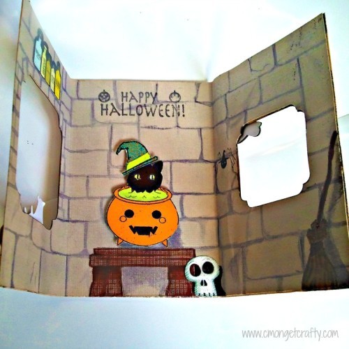 cmongetcrafty-halloweencatcardinside - C'mon Get Crafty Unique Halloween Card Idea: Handmade Kitty Cat Card with die-cut pumpkin cauldron, and spooky stickers. Embossed brick background and "Happy Halloween" greeting on cat themed card. Halloween DIY Card