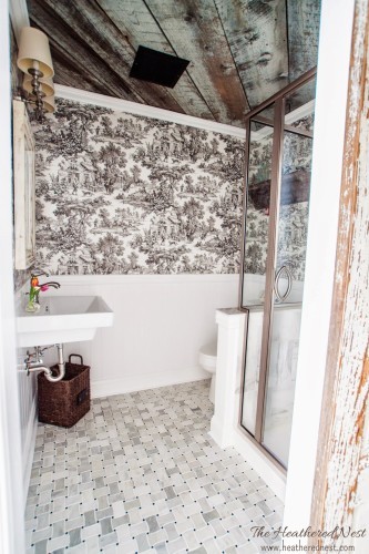 heathered-nest-toile-barnboard-basement-bath-reveal-3 - C'mon Get Crafty Bathroom Makeover