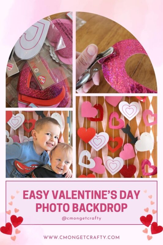 Collage style image showing multiple parts of putting together pink, red, and white hearts into string banners for a photo backdrop