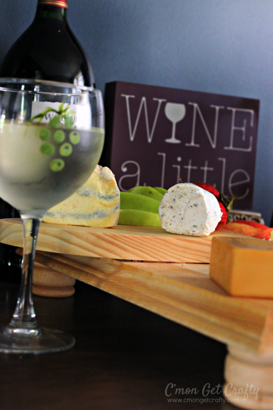 CGC Woodbridge Summer 02 WM - C'mon Get Crafty Msg4 21+ It is so easy to throw together this DIY cutting board server and have a custom piece for your next party! Display assorted cheeses, fruit, and crackers on top and pair with some delicious wine for instant party fare! #VinoBlockParty #ad