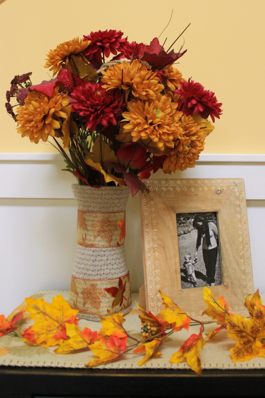 fabric-wrapped-vase-and-picture - C'mon Get Crafty  This fabric wrapped vase is an easy thrift store upcycle, and a great way to mix up your decor each season!