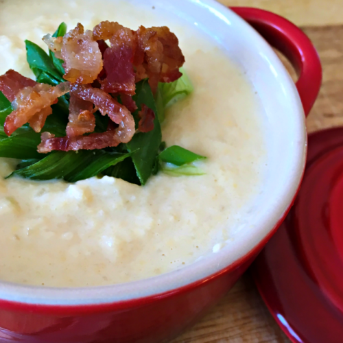 Loaded Cauliflower Soup thumb - C'mon Get Crafty I am all about soup during Chicago winters, and this one offers my favorite flavors but still low carb!! Try this loaded cauliflower soup and be amazed!