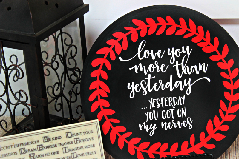 Romance isn't dead, but it doesn't have to be all hearts and flowers either! I made this sassy valentine's day decor because it perfectly summarizes my marriage, ha ha!
