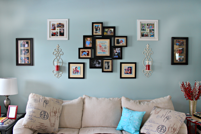 Gallery Wall Update Before Picture - C'mon Get Crafty If you are tired of your bland gallery wall with symmetrical pictures and no flair, then check out what I used to update mine! #CraftRoomDestash