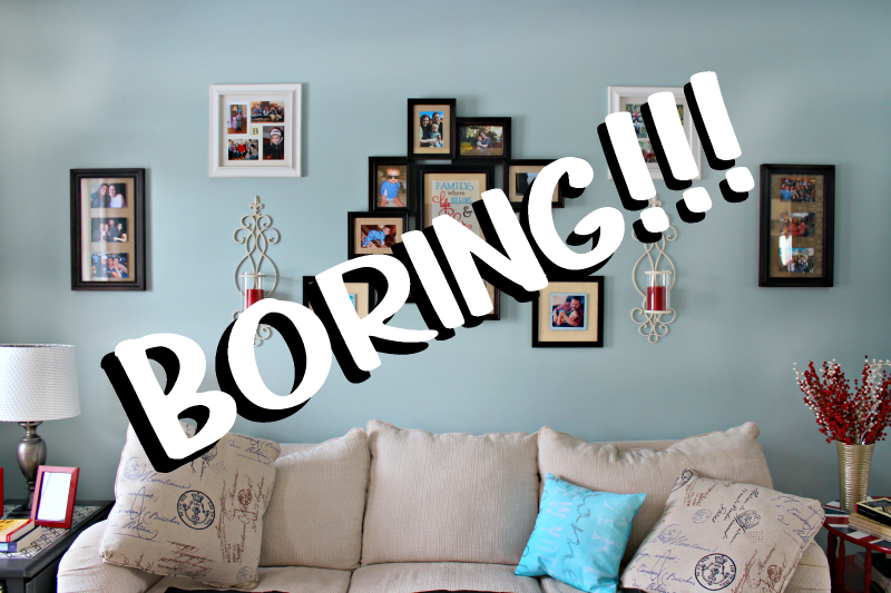 Gallery Wall Update Before Picture2 - C'mon Get Crafty If you are tired of your bland gallery wall with symmetrical pictures and no flair, then check out what I used to update mine! #CraftRoomDestash