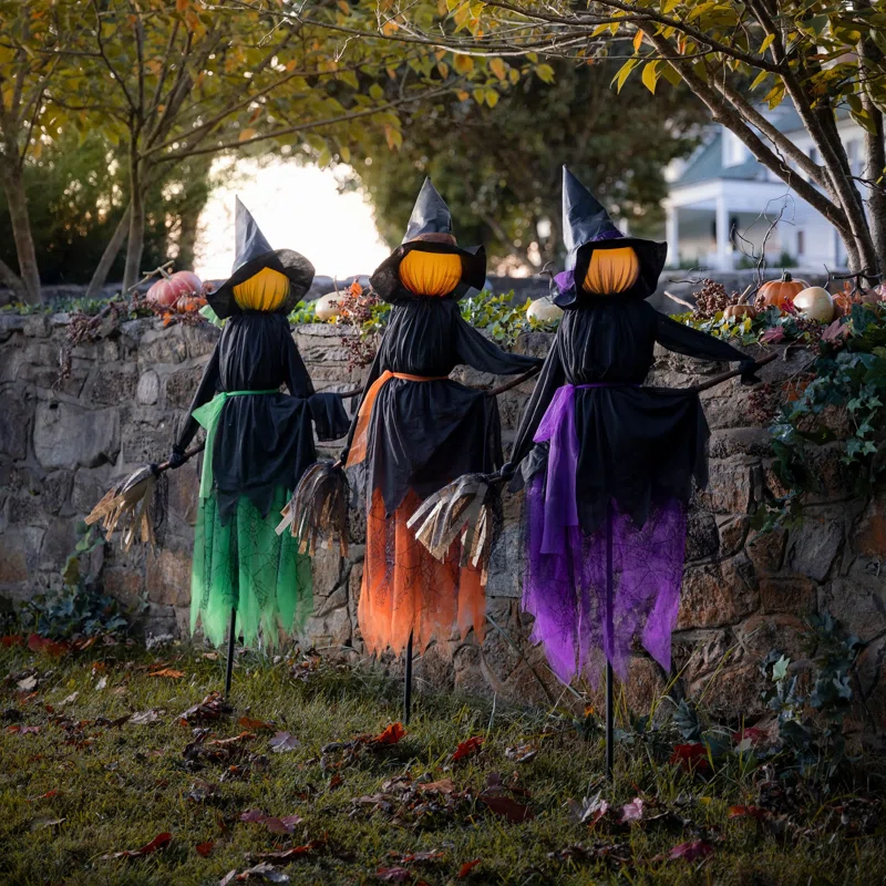 Three pumpkins dressed as witches for yard decor