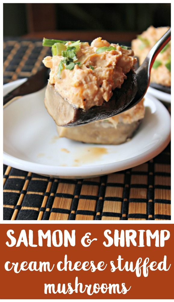 These creamy shrimp and salmon stuffed mushrooms are filling and tasty, and go a long way in large portabella mushroom caps! Top with green onions for color and crunch!
