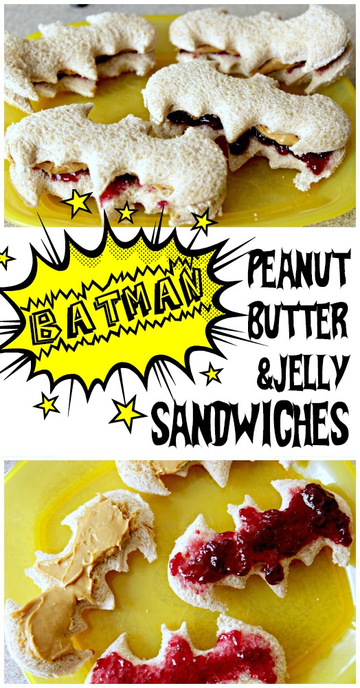 How much would your little superhero fan love these easy Batman Panut Butter Sandwiches!? So easy to make and perfect for a Batman themed or Superhero themed party! #Batman #Superhero #superheroparty 