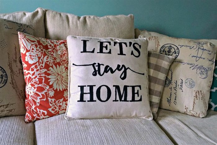 Let_s Stay Home DIY Sharpie Pillow Horizontal-opt - C'mon Get Crafty How many Pinterest pins have you hoarded and not gotten around to trying?? Join the #PinterestChallenge and get motivated! I tried out a technique I've been wanting to do for a long time, a DIY Sharpie Throw Pillow! Check out my tutorial along with a bunch of other bloggers' pin ideas! #pinterest #diy #sharpiecrafts #sharpiepillow #diydecor