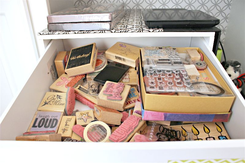 Craft supplies drawer stamps-opt - C'mon Get Crafty Do you have a huge stash of craft supplies hoarded somewhere? The #MonthlyCraftyDestashChallenge is perfect for you! See how I dug deep into my stash to create some easy DIY cards to keep on hand for any occasion!