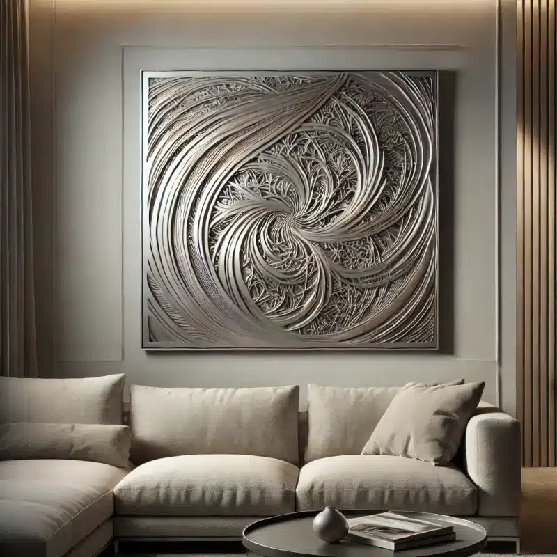 DALL·E 2024-08-15 22.42.31 - A photo-realistic image of metal wall art featuring a laser-engraved abstract design, mounted on a contemporary living room wall. The art piece is mad - C'mon Get Crafty