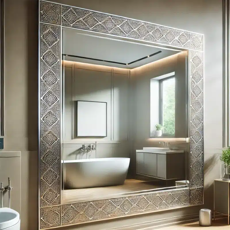 DALL·E 2024-08-15 22.43.32 - A photo-realistic image of a decorative mirror with a laser-engraved geometric pattern border, mounted on the wall of a stylish bathroom with a modern - C'mon Get Crafty