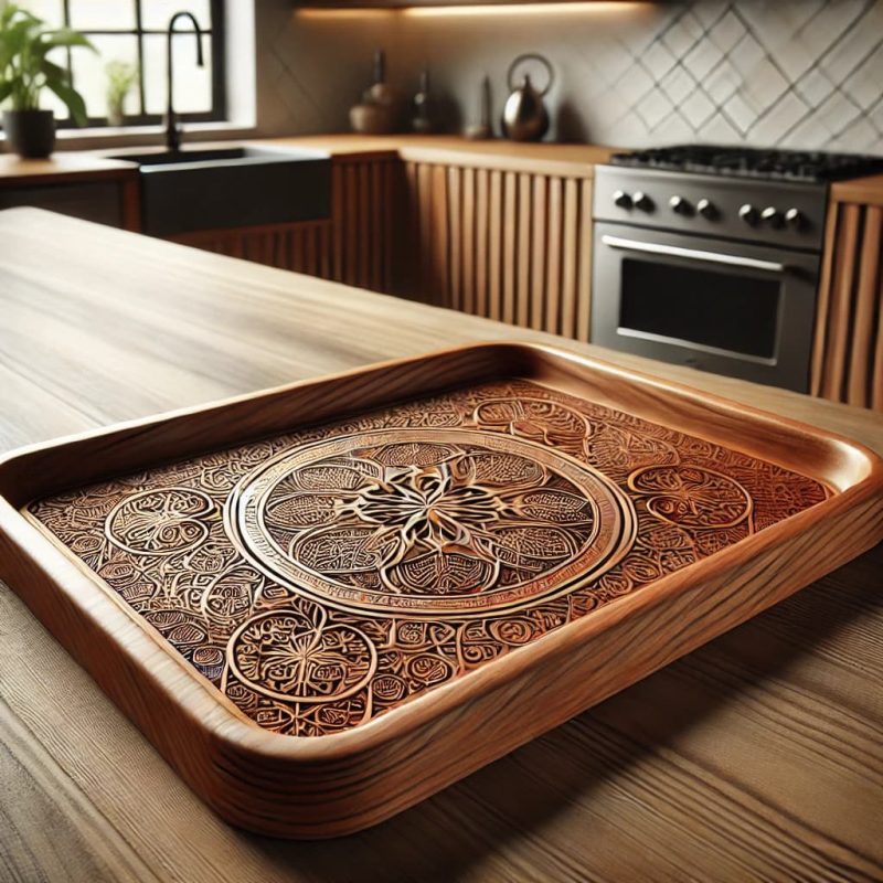 AI generated laser engraved wooden tray sitting on wooden kitchen block counter in wood paneled kitchen with black stove