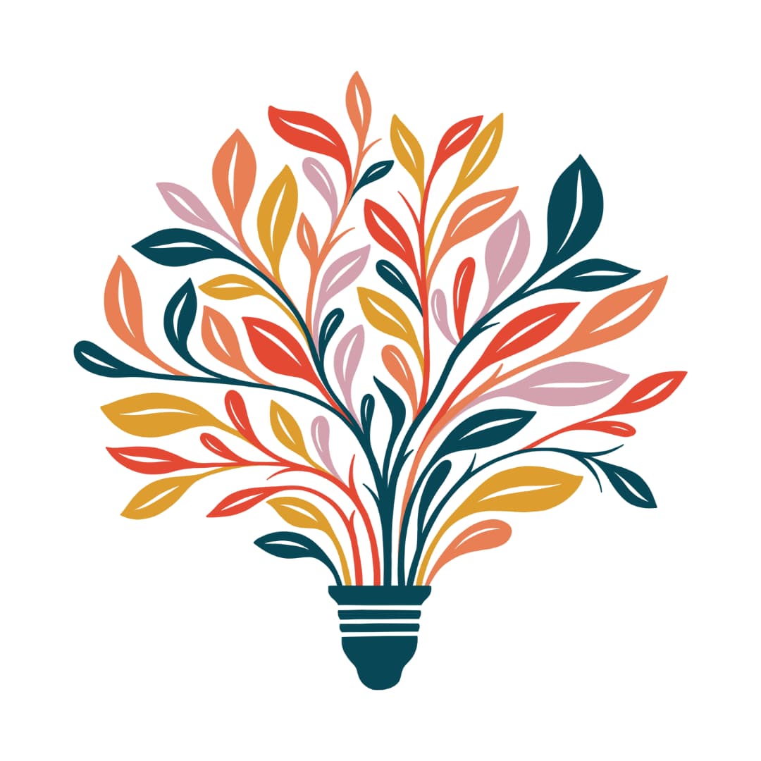 Graphic of mult-colored leaves sprouting from lightbulb base