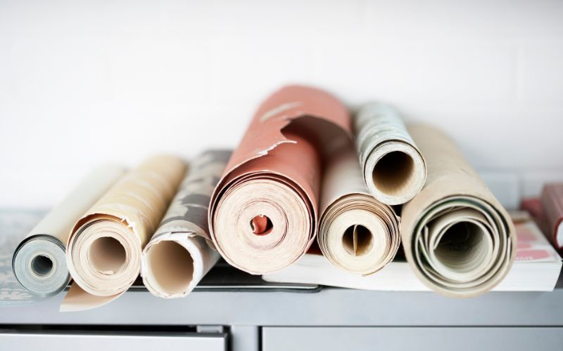 rolls of wallpaper on light blue grey cabinet in front of a light wall