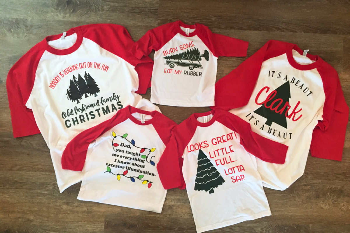 Christmas Vacation Family Shirts DIY - C'mon Get Crafty collection of white baseball style shirts with red sleeves and Christmas Vacation movie quotes