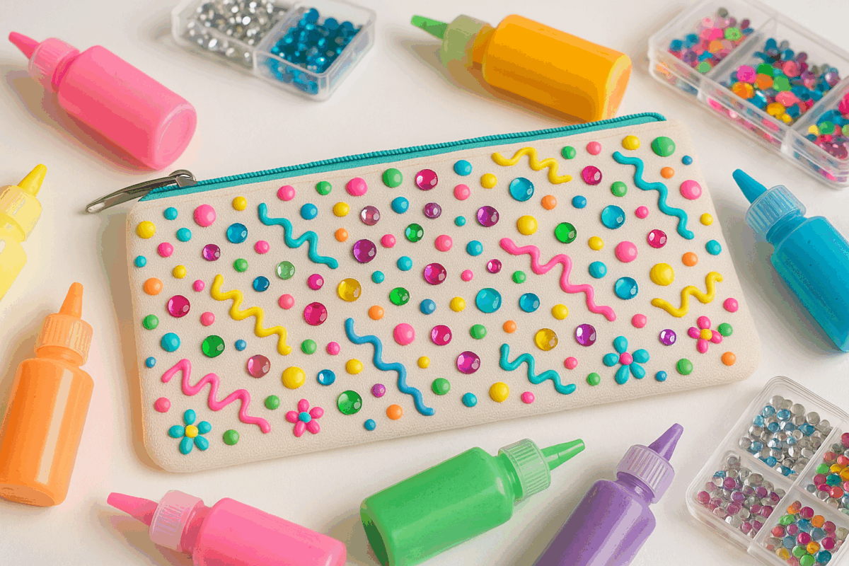 20250519_1204_Crafty Pencil Case_simple_compose_01jvmqy2fpe1vvz2np3697vqna - C'mon Get Crafty white pencil case with blue zipper decorated with multi pastel colored paints and craft gems, bottles of paint with nozzles laying around along with plastic bins of craft gems