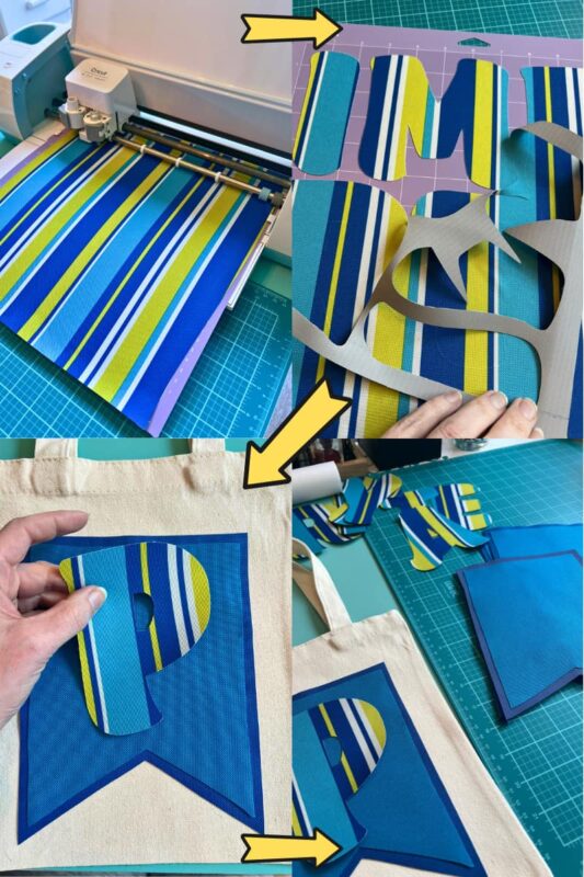 Outdoor Fabric Banner Cricut Cuts OPT - C'mon Get Crafty Four image grid of blue and line green striped outdoor fabric being cut into letters with Cricut machine for party banner DIY