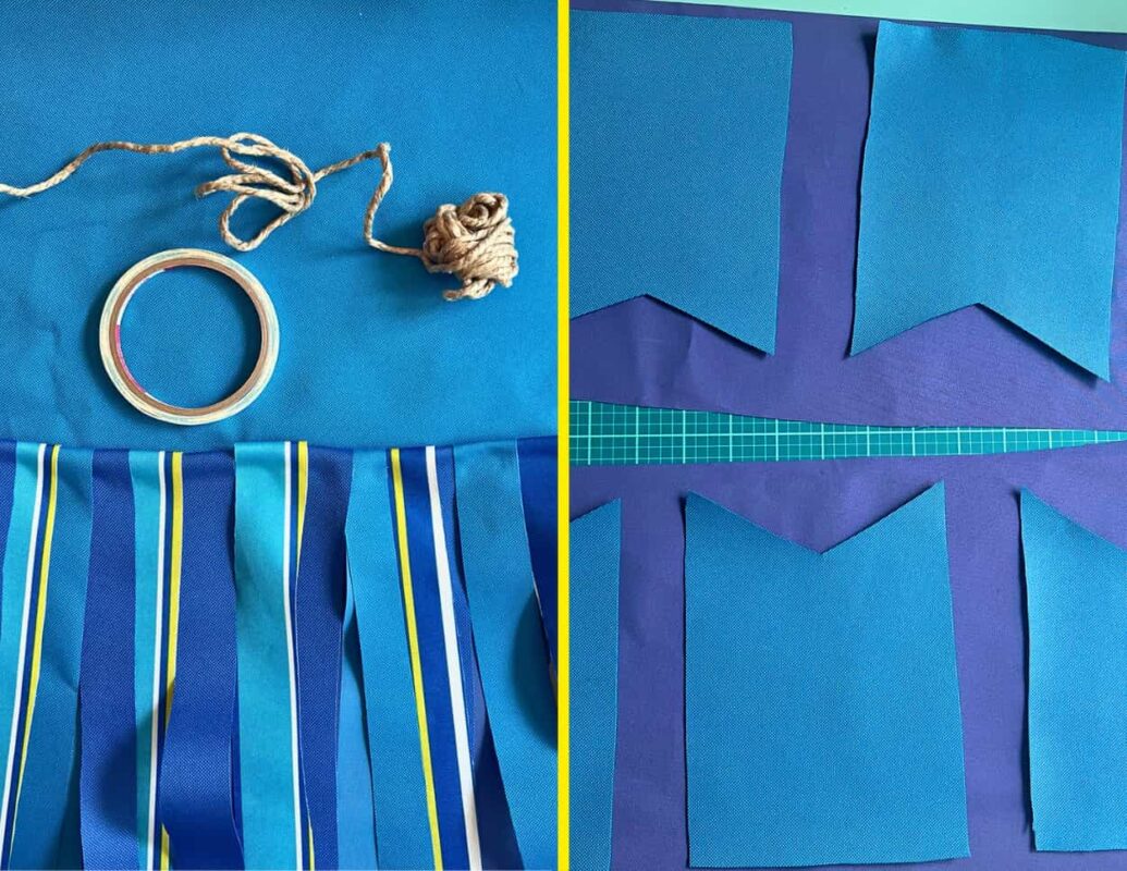 Outdoor Fabric Banners side by side OPT - C'mon Get Crafty side by side comparison of blue outdoor fabric banner styles, cut strips on twine and cut pennant style banner pieces laid out on table