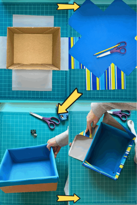 Outdoor Fabric Card Box Liner Steps - C'mon Get Crafty 4 image collage of creating a fabric liner for a cardboard box