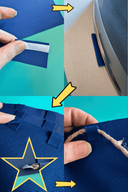 Outdoor Fabric Collage pic of creating banner loops - C'mon Get Crafty 4 image collage of fabric loops being created with fabric adhesive, an iron, and twine looped through
