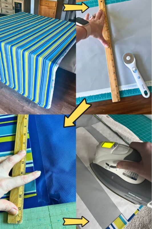 Outdoor Fabric Cutting table runner OPT - C'mon Get Crafty 4 image collage of process of cutting large striped fabric for table runner