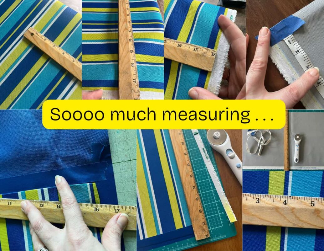 Outdoor Fabric Measuring collage OPT - C'mon Get Crafty multi image collage of blue and green striped fabric being measured with rulers, fingers, and on fabric board with rotary cutter