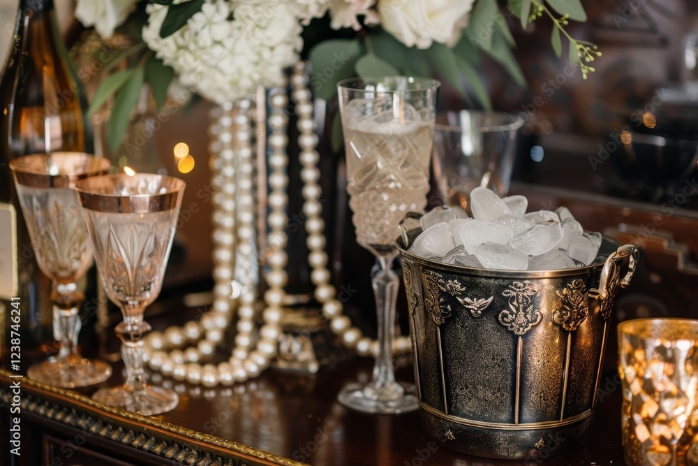 Vintage ice maker at a gatsby themed party surrounded by champagne glasses and art deco decor