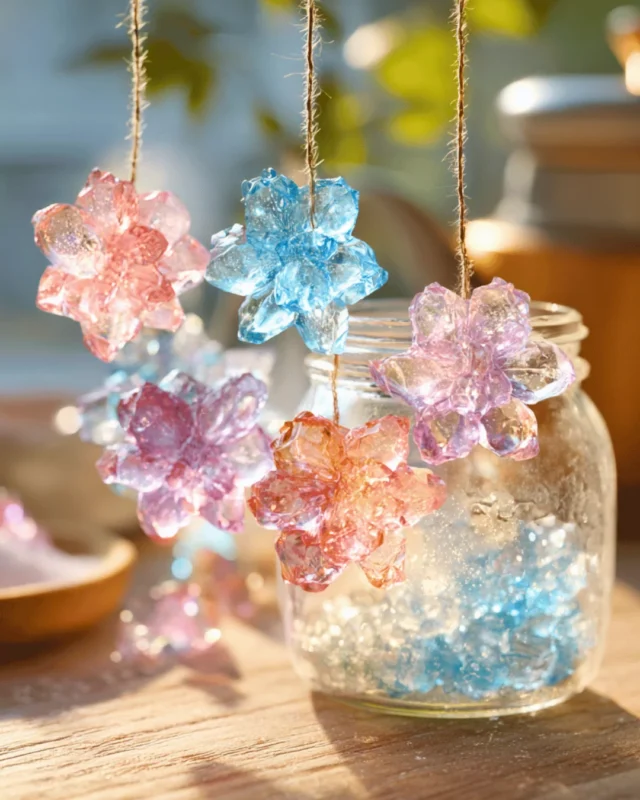 borax-crystal-flowers-craftland-blog - C'mon Get Crafty A close-up, bright image shows multi-colored, transparent, sparkling crystal flowers hanging from twine above an open clear glass jar filled with colorful gems. The flowers are various shades of pink, blue, lavender, and orange. The wooden surface below and light filtering through create a warm, bokeh-filled background.