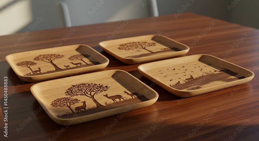 Wooden serving trays adorned with laser-etched wildlife and nature scenes