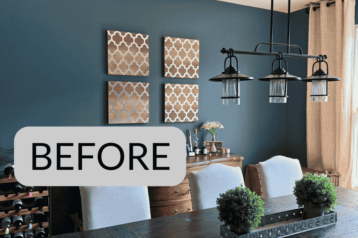 Four piece patterned wall art, dining room setting