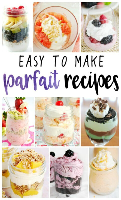 DIY Parfait Roundup PIN 1 - C'mon Get Crafty Collection of colorful, easy-to-make parfait recipes in jars and glasses, with layers of yogurt, fruit, granola, and whipped cream — perfect for quick breakfast prep.