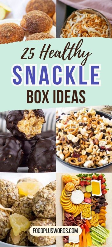 Snackle Box Ideas PIN - C'mon Get Crafty A collage of healthy snack ideas including chocolate-dipped rice balls, trail mix with pretzels and popcorn, energy bites with dried pineapple, shredded cheese in a coconut bowl, and a colorful snack board with fruit, nuts, dips, and vegetables. Text in the center reads “25 Healthy Snackle Box Ideas” and the bottom features the URL foodpluswords.com.
