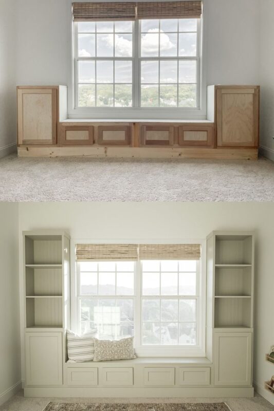 DIY Bedroom Built-Ins PIN - C'mon Get Crafty Before and after of a DIY built-in window seat with cabinets and bookshelves, showing raw wood construction transformed into a painted, finished reading nook with storage.