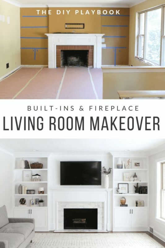 DIY Living Room Built-Ins PIN - C'mon Get Crafty Before and after living room makeover showing a fireplace wall transformed with built-in white cabinets, shelving, and mounted TV — DIY home project for adding storage and style.