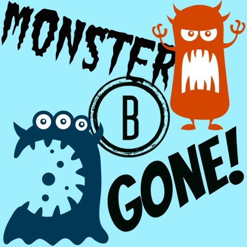 Monster B Gone Sticker with blue background and dark blue and orange monster clipart